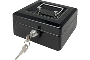 PACOLO Steel Cash Box with Key Lock, Metal Small Money Organizer with Money Tray,Cash Storage Box with Lockable Cover (Black-15 * 12 * 8 CM)