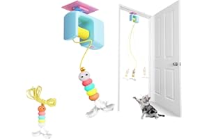 Auveach Giochi interattivi per Gatti Giocattolo Automatico Ricaricabile USB Appeso alla Porta Retrattile, Bruco con Piuma e Campanello per Caccia Esercizio Arricchimento Ambientale (Blu)