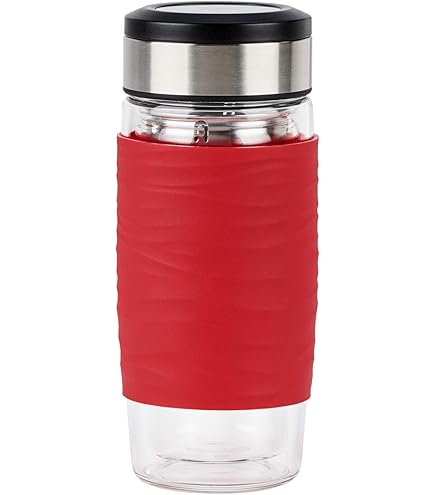 Emsa N20805 Theemok van dubbelwandig glas, 0,4 liter, uitneembare zeef, BPA-vrij, 100% lekvrij, vaatwasmachinebestendig, 360 graden drinkopening, blauw