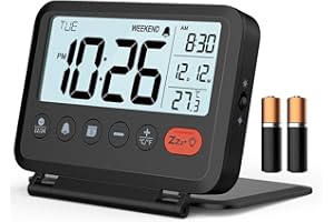 MeesMeek Travel Alarm Clock: 2-Level Backlight, 2 Volumes, 12/24H, Calendar, Temperature, Weekend Mode, Snooze, Folding Cover, Battery Operated Small Digital Clock (AAA Batteries Included)