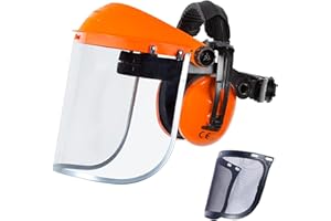 GUARDLEAD Kettensäge Visier Gesichtsschutz, Gesichtsschutzschild und Ohrenschützer 2 in 1 Kopfbedeckung Kombination, Flip Up Schutzschild Kommt mit 2 gesichtsschutzschild (Mesh& Clear)