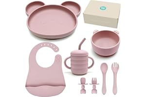 Baby Weaning Set by Little Tots - Silicone Suction Plate, Suction Bowl, Bib, Sippy Cup, Spoon, Fork & More - Baby Dinner Sets - Baby Feeding Set & Baby Gifts - 8 Pieces Baby Essentials - Pink
