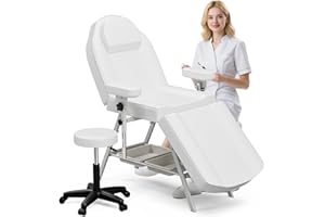ONPNO Salon Tattoo Bed with Rotatable Armrests, Adjustable 3-Section Beauty Table with Storage Shelves, Professional Massage Chair, Facial Lash Bed for Client/Esthetician (White)