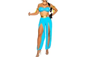 FeMereina Disfraz de princesa árabe para mujer, camiseta sin tirantes, pantalones largos con abertura y correas para atar los brazos, disfraz de jazmín