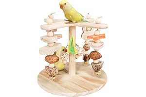 Honicemar Supporto per Uccelli in Legno - Parrot Girevole Playstand, Parco Giochi per Pappagallo con Appeso Masticare Giocattolo Giocattoli da Palestra per Uccelli di Piccole e Medie Dimensioni