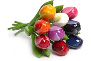 MOMOMOMENTS Drewniany bukiet tulipanów, 9 sztucznych tulipanów, ręcznie malowany, wysokość 21 cm, dekoracja bukietu, urodziny, rocznica, wyprodukowano w Holandii