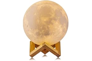 Jiusion 15cm Luna Lámpara Impresión 3D Luz de Noche con Base, USB interior recargable LED Night Light Bulb Touch Switch Dormitorio Estantería Cama Regalo para bebés niños Niños Mujeres Adultos