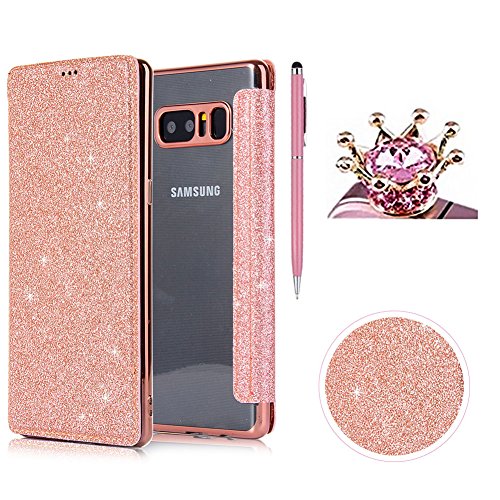 SKYXD Rose Gold Leather Case for Samsung Galaxy Note 8, Clear Back Plating  Chrome Flip Fold Bling Glitter Premium PU Leather [Front Leather