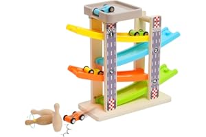 NUKDEY Jouet Rampe de Voiture en Bois Jouet Rampe de Course avec 4 Voitures et 3 Boules de Bowling Garage Voiture Rampe Jouet Toboggan de Voiture Zig Zag pour Enfant 1 2 Ans