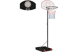 SPORTNOW Canasta de Baloncesto para Exterior con Tablero de Dardos Altura Ajustable 210-247 cm Aro de Baloncesto Portátil con Ruedas Base Rellenable para Adolescentes Adulto Interior y Exterior Negro