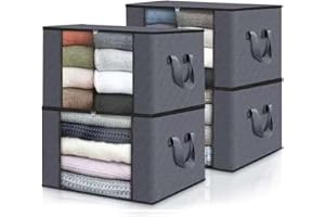 BAONUO 4 Piezas organizador armario, Cajas Almacenaje Ropa Plegable con Asa Reforzada, Bolsas para Guardar Ropa de Tejido Resistente y Ventana Transparente para Suéteres, Abrigos, Mantas, 60L