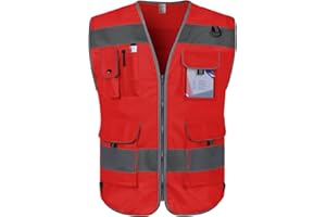 Graunton Gilet de Securite 9 Poches Gilet Rouge pour Hommes Femmes, Gilet Haute Visibilité avec bandes réfléchissantes Durable et Respirant .(FR-Rouge, M).