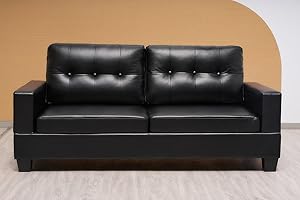 SOFAHEAVEN Cube -Black Bonded Leather 3+2 Seater Sofa Set- Highback Fabric Couch Living Room Furniture - 3 Seater settee - 2 Seater sofas & couches (Black, 3 Seater Sofa)