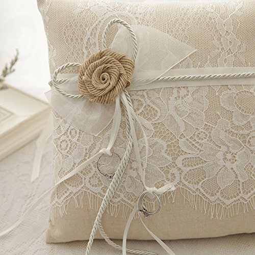 VClife® Ringkissen Hochzeit Vintage Ivory Braun Blumen Spitze Tüll Braut Bräutigam Ringe Dekoartikel Ehering Kissen 21 x 21cm - 3