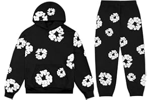 Vhersily Denim T-Ears Men’s 2-Piece Tracksuit with Hood and Trousers, Hip-Hop Streetwear Style with Foam Print, Sporty and Comfortable Tracksuit