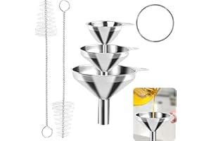 MXTIMWAN Set di 3 Imbuti in Acciaio Inox, Imbuto in Acciaio Inox da Cucina con 2 Spazzole per la Pulizia con Manico Acciaio Inox Mini Imbuto da Cucina Filtro Riutilizzabile in Acciaio Inossidabile