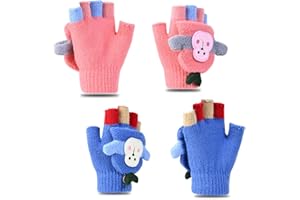IFHDO Guanti Senza Dita Bambino, 2 Paia Guanti per Bambini Design Flip Guanti Mezze Guanti Invernali Guanti a Mezze Dita Calore Lavorato a Maglia Guanti Mezze Dita per Bambini 2-7 Anni