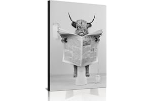 HMDKHI Impression murale en noir et blanc - Impression sur toile pour salle de bain - Motif : éléphant, zèbre, pingouins, girafe, animal dans la baignoire - Sans cadre - Bovins des Highlands, 30 x 40 cm - 1