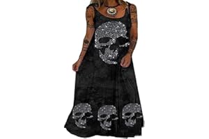 each women Ladies Baggy Skull Black Dress Ladies Punk Strappy Sleeveless Plus Size Cami T Shirt Long Dresses