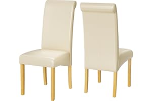 1home Set of 2 Faux Leather Dining Chairs Roll Top High Back with Solid Wooden Legs Oak Finish for Home & Commercial Living Room Bedroom Kitchen Restaurants Ivory