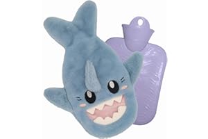 FXINDX Warmflasche mit Flauschig Bezug, Auslaufsicher 1L gro? Hei?wasserbeutel, Bettflasche Geeignet f¨¹r Kinder, Studenten, Urlaubs und Geburtstagsgeschenke (Blauer Hai 1L)