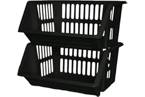 ZARVICZONIA Large Stacking Storage Baskets Veg Rack, Durable Plastic Stackers, Dimensions: 36 cm (L) x 30 cm (D) x 17.5 cm (H) (Black, Pack of 2)