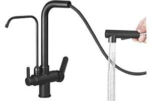 SJQKA 3-drożne baterie kuchenne z kranem filtrującym wodę pitną, 3-drożny kran kuchenny z wyciąganym sprayem, kran filtrujący do systemu filtrów wody pod zlewem (czarny)