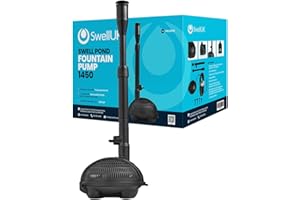 SWELL UK Swell Pond Fountain Pump 1450. Fully Submersible with Strainer Cage. 4 Spray Nozzle Head Attachments Included, for Outdoor Garden Decoration, and 3 Year Guarantee