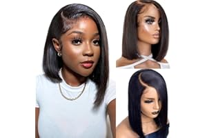 RXY 13x4 Bob Straight Perruque Femme Naturelle Brésilien HD Transparent Lace Front Wigs Human Hair Perruque Cheveux Humain Perruque Lisse Glueless Wigs 150% Density 10 pouces(26cm)