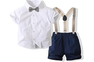 Volunboy Bébé Garçon Ensemble Costume, Manches Courtes Noeud Papillon Chemise avec Short Bretelle Barboteuse