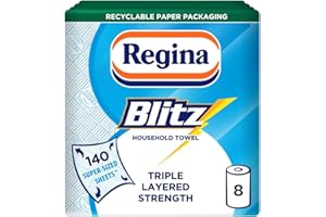 Regina Blitz Household Towels – 8 Triple Layered Rolls, 70 Sheets Per Roll, Paper Packaging, FSC Certified Paper, Recycl