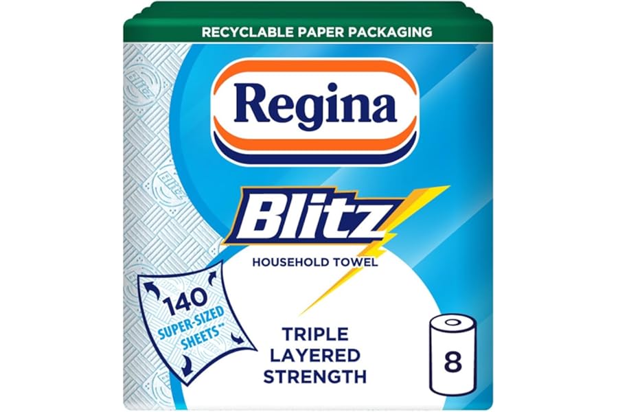 Regina Blitz Household Towels – 8 Triple Layered Rolls, 70 Sheets Per Roll, Paper Packaging, FSC Certified Paper, Recyclable Packaging, 60% Larger Than Standard Kitchen Roll Sheets