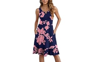 Yommay Sukienka damska na lato, elegancka sukienka o linii A, do noszenia na co dzień, okrągły dekolt, tank top, sukienka plażowa z kieszeniami