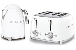 Smeg 50’s Style Retro Range Breakfast Set, 1.7L 3000W Kettle and Multi-Functional Control 4-Slice 2000W Toaster, White, KLF03WHUK/ TSF03WHUK