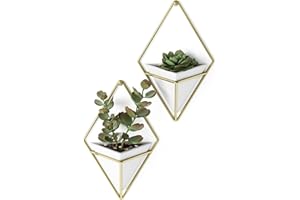 Umbra Trigg Jardinière Suspendue et Décoration Murale Géométrique pour Petite Plante. Plante Succulente et Bien Plus Encore. Blanc/Laiton. Lot de 2