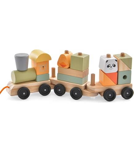 Label Label Treno In Legno FSC Rosa Personalizzato Con Nome E Data | 14 Pezzi Impilabili | Gioco Montessori Per Bambini 12+ Mesi | Regalo Nascita