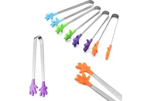CONGGUAN 6 Pieces Multifunctional Mini Food Clip with Skid-Proof Hand Shape Silicone Stainless Steel Food Tongs for Sweets Barbecue Buffet Salad Ice