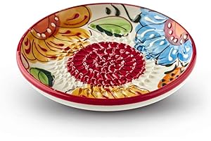 THE GREAT GARLIC GRATER Garlic Grater Plate. (#Ref 2). Handmade and Hand Painted in Cordoba, Spain. White Plate. Red Rim and Bright Flowers.
