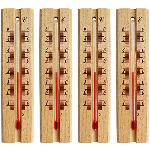 COM-FOUR® 4x Holz-Thermometer, klassisches Thermometer aus Buchenholz, -14°C bis +61°C, 14cm