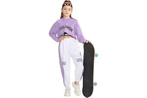 LOLANTA 3Pcs Girls Hip Hop Dance Costume Niños Street Dance Clothes Set Sudadera Corta con Capucha, Camiseta sin Mangas, Pantalones Reflectantes