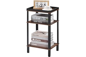 YEAKOO Side Table for Small Spaces,3 Tier End Table with Metal Tabletop Tray Storage Shelf, Small Narrow Thin End Table Bedside Table,Nightstand for Hallway,Living Room, Bedroom, Office,Rustic Brown