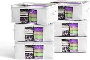 FORCANBY Clothes Storage Bags, Foldable Thick Fabric Blanket Storage Boxs, Large Clear Window with Reinforced Handle, Great for Clothes, Blankets, Closets, Pillows, Toys (White, 6Pack)