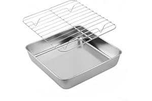 FEESHOPPHER Feeshopher - Vassoio profondo quadrato in acciaio inox con griglia resistente, set di teglie da forno in acciaio inox per biscotti (24 cm)