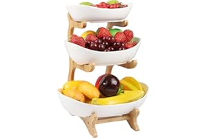 CARASTEK Fruchtkuchen Stehen, Mehrstöckiger Keramik-Obstkübel Küche Ablagekorb Arbeitsplatte Dekoschalen 3 Stöckig Obstschale Obstkorb Etagere mit Hölzernen Ständern für Küchendekoration Gemüse Obst Snacks
