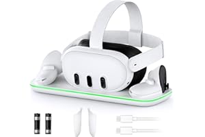 NexiGo Ladestation für Meta Quest 3, VR Ladestation mit LED-Licht [EIN/Aus] für Oculus Quest 3, Ladeständer mit 2 wiederaufladbaren Batterien, USB-C-Kabel, Weiß
