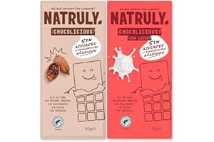 NATURAL ATHLETE NATRULY Tableta de Chocolate Negro sin Azúcar y sin Edulcorantes con Fibra de Achicoria, Cacao 72% y Chocolate con Leche -pack 2x85 g