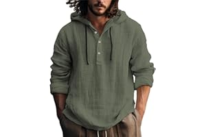 Gyaimxfu Felpa con Cappuccio da Uomo a Maniche Lunghe Camicia con Cappuccio in Cotone e Lino Camicia da Spiaggia Colletto alla Coreana Felpe Casual con Bottoni Vintage Manica Lunga Maglietta Top