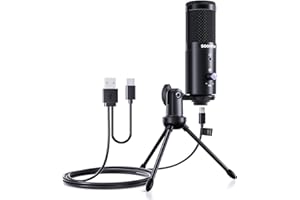 SOOMFON Microphone à condensateur USB, Streaming PC Microphone avec Bouton de Gain muet Microphone cardioïde pour Live Streaming, Podcast, Enregistrement, Vidéoconférence Compatible avec PS4 Mac