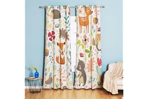 Koudi Opaque Curtains for Children's Room, Animals, Owl, Floral Pattern Curtains with Eyelets for Girls' Room, Children's Room, Baby Room, 160 x 132 cm (H x W)