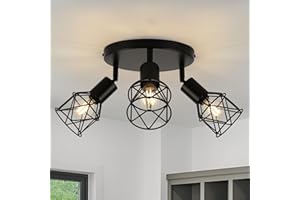 WILON Ceiling Lights Spotlight - 3 Way Spot Lights 350°Adjustable, E14 Base Black Light Shade Metal Wire Cage Light Fittings, Industrial Wall Ceiling Lamp for Kitchen Living Room